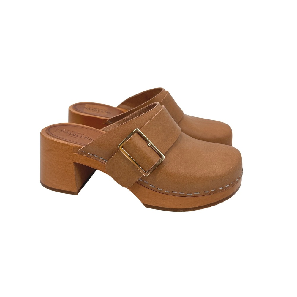 Swedish Hasbeens Slejf Women Tan Leather Buckle Clogs Wood Platform Mule 36 US 6